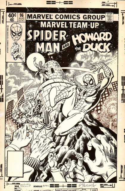 Original Cover Art - Marvel Team-Up #96 Cover (1980) - Spider Man - Howard The Duck - Black And White - Tower - Grasping Hands