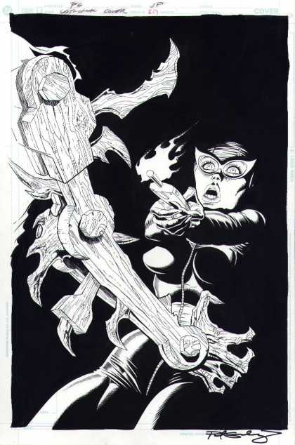 Original Cover Art - Catwoman #39 Cover (2004) - Black And White - Remote Control - Shock - Wooden - Arm