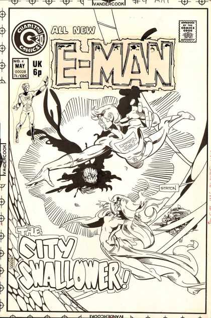Original Cover Art - E-Man #4 Cover (Large Art) 1974 - Drawing - Black N White - E-man - City - New