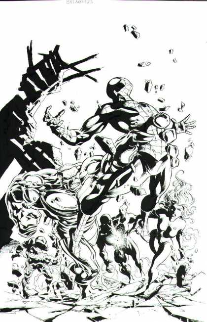 Original Cover Art - Spider-Man: Breakout #3 Cover (2005) - Black And White - Spiderman - Flash - Rocks - Hulk