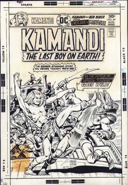 Original Cover Art - Kamandi #44 Cover (1976) - Black And White - Lizard Men - Ship - Fight - Kamandi Goes Wild