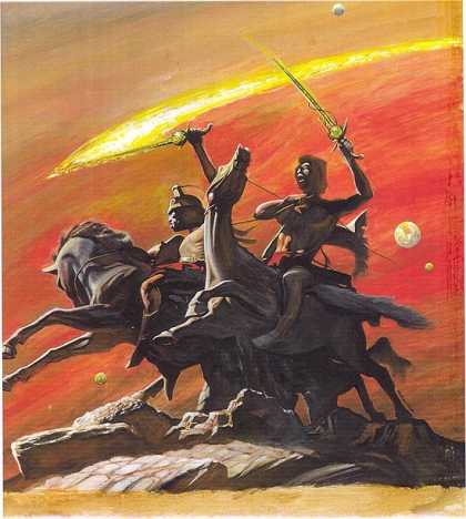 Original Cover Art - CONAN-LIKE BOOK COVER PAINTING - Horse - Swords - Planets - Red Sky - Rocks