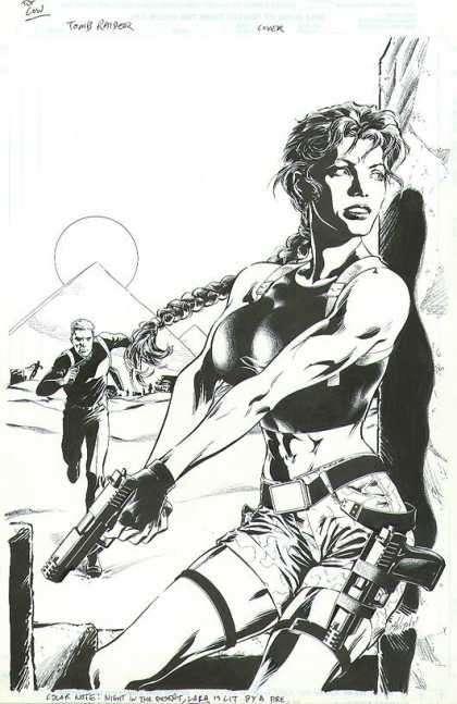 Original Cover Art - Tomb Raider: Epiphany - Toned And Fit Female Physique - Guns And Weapons - Man Running - Watching And Alert For Any Enemy - Outdoors Under The Hot Sun