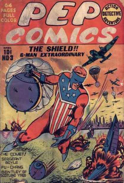 Pep Comics 3 - Plane - Mask - Parachutes - Explosion - Water