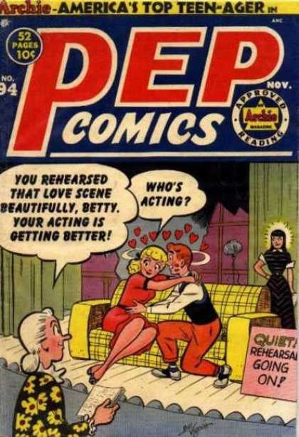 Pep Comics 94 - Stage - Play - Old Lady - Girl And Boy On A Couch - Girl With Brown Hair Watching