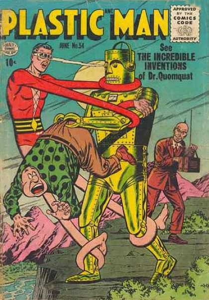 Plastic Man 54 - Incredible Inventions Of Dr Quomquat - Robot - Red Unitard - Stretched Arms - Mountains