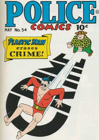 Police Comics 54 - Plastic Man - Erases Crime - Slides On The Ground - Being Pushed - Sunglasses
