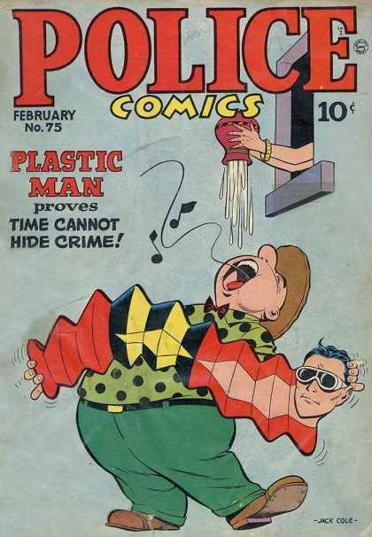 Police Comics 75 - Time Cannot Hide Crime - Plastic Man - Red Water Vase - Geen Polka Dot Shirt - Window