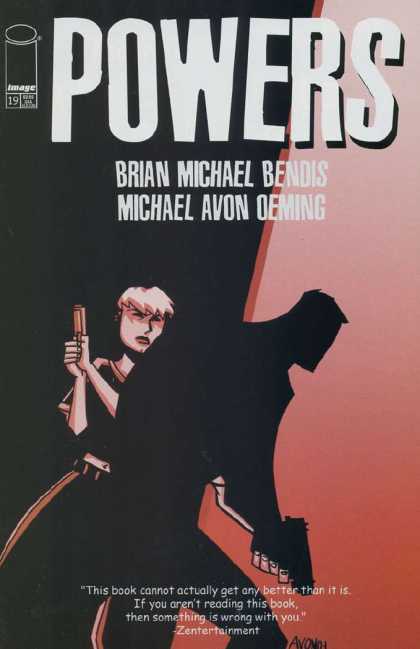 Powers 19 - Brian Michael Bendis - Michael Avon Oeming - Shadowy Figure Holding Gun - Blonde Haired Man With Gun - Red Background - Michael Oeming