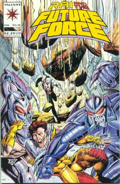 Rai 18 - Future Force - Rocks Falling - Valiant Comics - Man Falling In Back Ground - Monsters Attacking Man