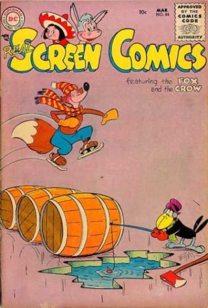 Real Screen Comics 84 - Dc - Fox And Crow - Ice Skating Fox - Barrel Jump - Ice Fishing