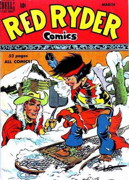 Red Ryder Comics 80 - Cowboy - Snowshoes - Cabin - Wood Fence - Shovel