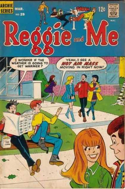 Reggie and Me 28 - Popcorn Bag - Warmer Weather Predicted - Archie And Jughead On Bench - Reggie Walking With Two Girls - Reggie Is Hot Air Mass