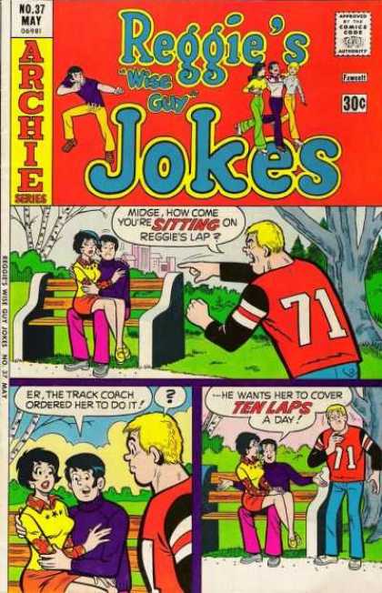 Reggie's Wise Guy Jokes 37 - Park Bench - Archie - Football Jersey Number 71 - Ten Laps A Day - Sitting