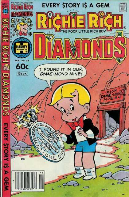 Richie Rich Diamonds 56 - Boy In Short Shorts - Big Silver Coin - Mine - Mountain - Large Dime