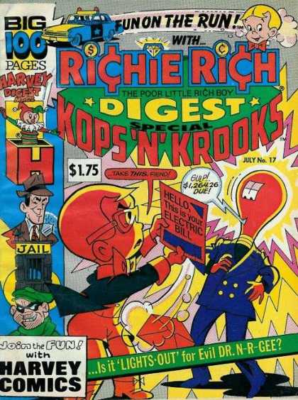 Richie Rich Digest Magazine 17 - Fun On The Run - The Poor Little Rich Boy - Kops N Krooks - Harvey Comics - Is It Lights-out For Evil Dr N-r-gee