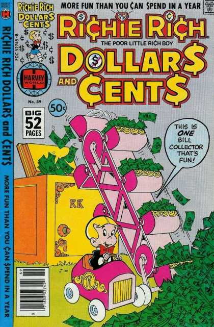 Richie Rich: Dollars & Cents 89 - More Fun Than You Can Spend In A Year - This Is One Bill Collector Thats Fun - Pink Car - Yellow Safe - Green Bills