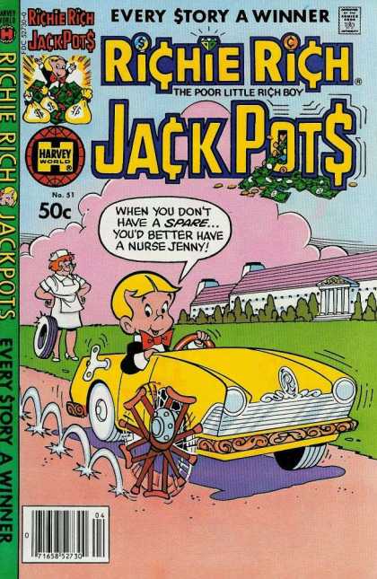Richie Rich Jackpots 51 - Nurse Jenny - Flat Tire - Crutches - Mansion - Yellow Convertible Car