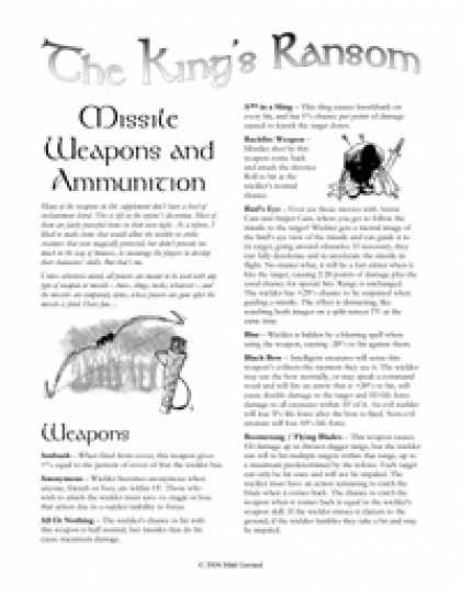 Role Playing Games - The King's Ransom: Missile Weapons and Ammunition