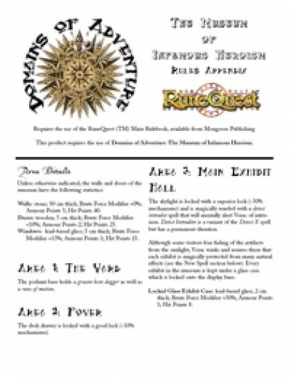 Role Playing Games - Domains of Adventure: The Museum of Infamous Heroism + Rules Appendix RuneQuest