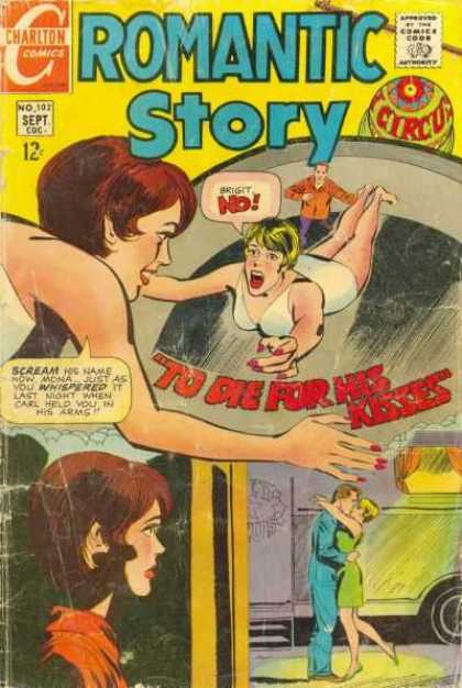 Romantic Story 102 - To Die For His Kisses - Circus - Woman Falling - Brown Haired Woman - White Bathing Suit