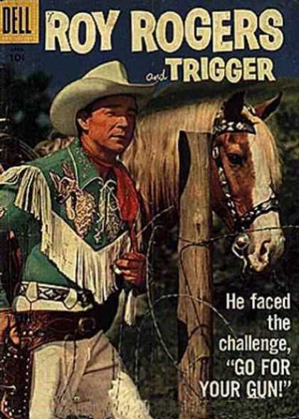 Roy Rogers Comics 112 - He Faced The Challenge - Go For Your Gun - Green Fringed Shirt - White Cowboy Hat - Fence Post