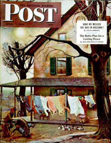 Saturday Evening Post - 1945-04-07: Hanging Clothes Out to Dry (John Falter)