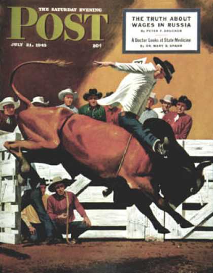 Saturday Evening Post - 1945-07-21: Bull Riding (Fred Ludekens)