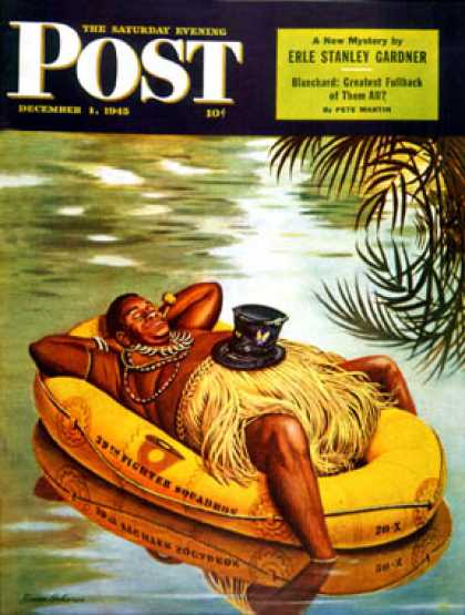Saturday Evening Post - 1945-12-01: Native in Army Raft (Stevan Dohanos)