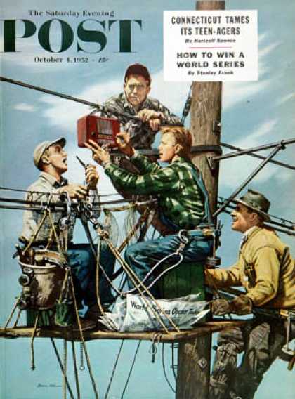 Saturday Evening Post - 1952-10-04: Linemen Listen to World Series (Stevan Dohanos)