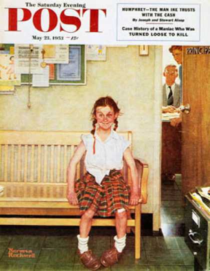 Saturday Evening Post - 1953-05-23: "Shiner" or "Outside the   Principal's Office" (Norman Rockwell)