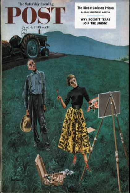 Saturday Evening Post - 1953-06-06: Farmer and Female Artist in Field (George Hughes)