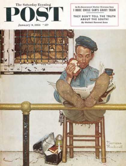 Saturday Evening Post - 1954-01-09: "Lion and His Keeper" (Norman Rockwell)