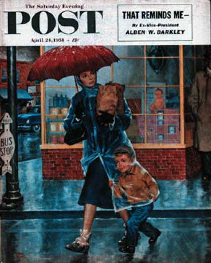 Saturday Evening Post - 1954-04-24: Leaving Grocery in Rain (Amos Sewell)