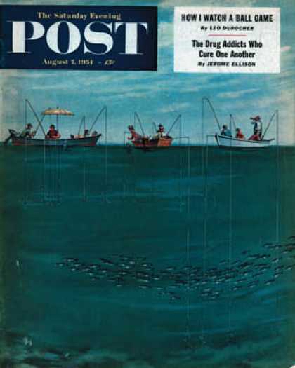 Saturday Evening Post - 1954-08-07: School of Fish Among Lines (Thornton Utz)