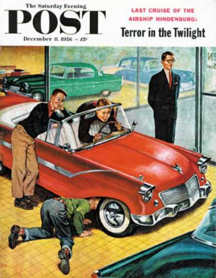 Saturday Evening Post - 1956-12-08: Automobile Showroom (Amos Sewell)