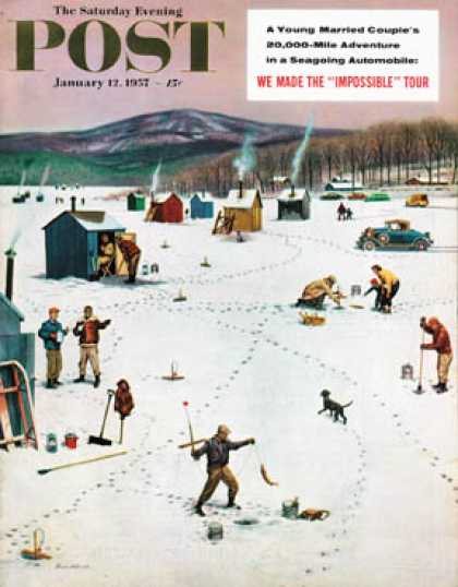 Saturday Evening Post - 1957-01-12: Ice Fishing Camp (Stevan Dohanos)