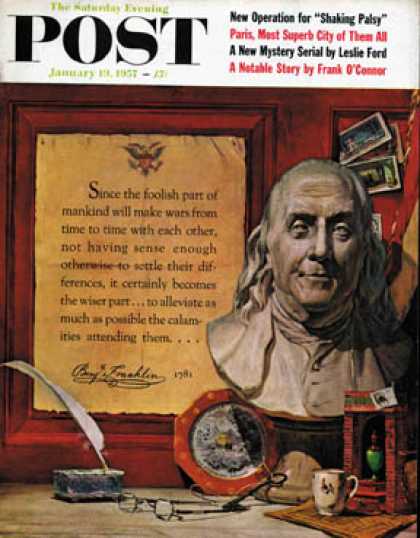 Saturday Evening Post - 1957-01-19: Benjamin Franklin - bust and quote (Stanley Meltzoff)
