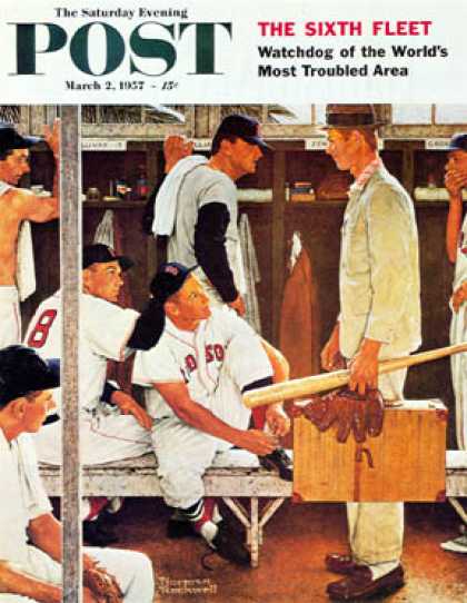 Saturday Evening Post - 1957-03-02: "Baseball Locker Room" (rookie) (Norman Rockwell)