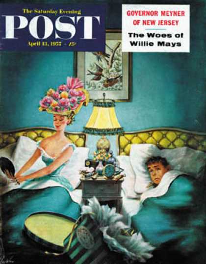 Saturday Evening Post - 1957-04-13: Late Night Hat Check (Constantin Alajalov)