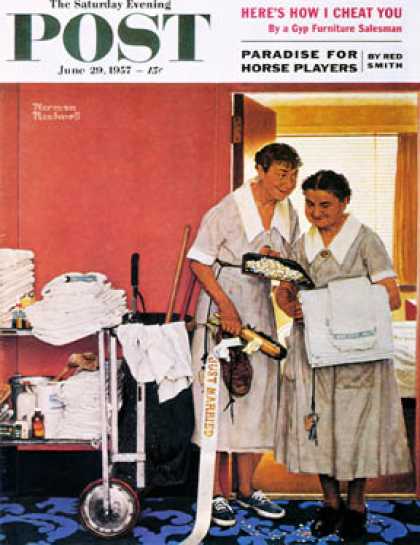 Saturday Evening Post - 1957-06-29: "Just Married" (hotel maids and   confetti) (Norman Rockwell)