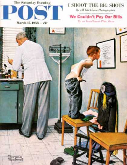 Saturday Evening Post - 1958-03-15: "Before the Shot" or "At the   Doctor's" (Norman Rockwell)