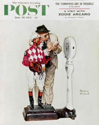 Saturday Evening Post - 1958-06-28: "Jockey Weighing In" (Norman Rockwell)