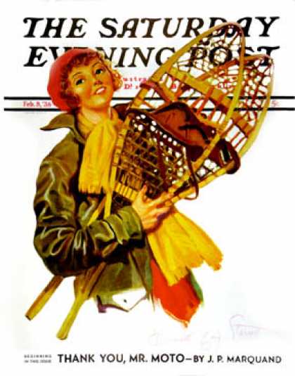 Saturday Evening Post - 1936-02-08: Woman and Snowshoes (Henrietta McCaig Starrett)