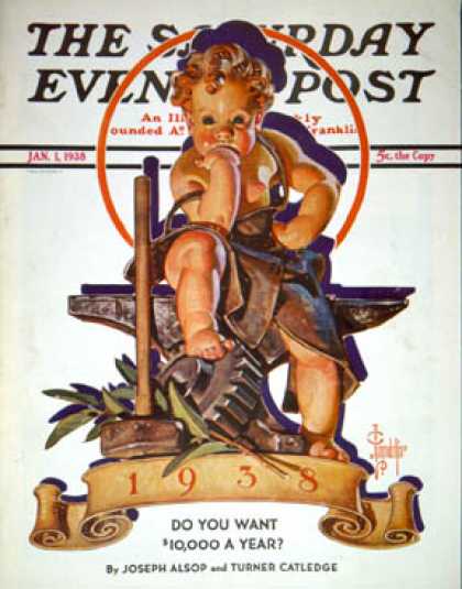 Saturday Evening Post - 1938-01-01: Baby New Year at Forge (J.C. Leyendecker)