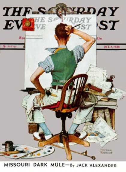 Saturday Evening Post - 1938-10-08: "Self-Portrait" (at blank POST   cover) (Norman Rockwell)