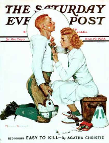 Saturday Evening Post - 1938-11-19: "Letter Sweater" (boy & girl) (Norman Rockwell)
