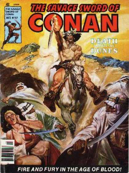 Savage Sword of Conan 57 - Man In Horned Helmet - Shieks With Swords - Woman In Bikini Being Held Captive - Sand Dunes - Large White Horse - Nestor Redondo