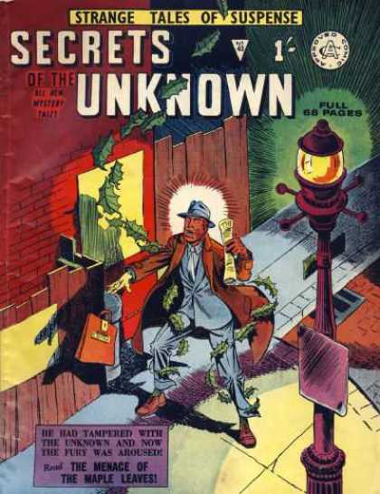 Secrets of the Unknown 43 - Strange Tales Of Suspense - Menace Of The Maple Leaves - Street Lamp - Brown Overcoat - Orange Bag