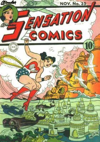 Wonder Woman - Magic Lasso - Seagulls - Airplane - Underwater City Sensation Comics 35 - Wonder Woman - Magic Lasso - Seagulls - Airplane - Underwater City